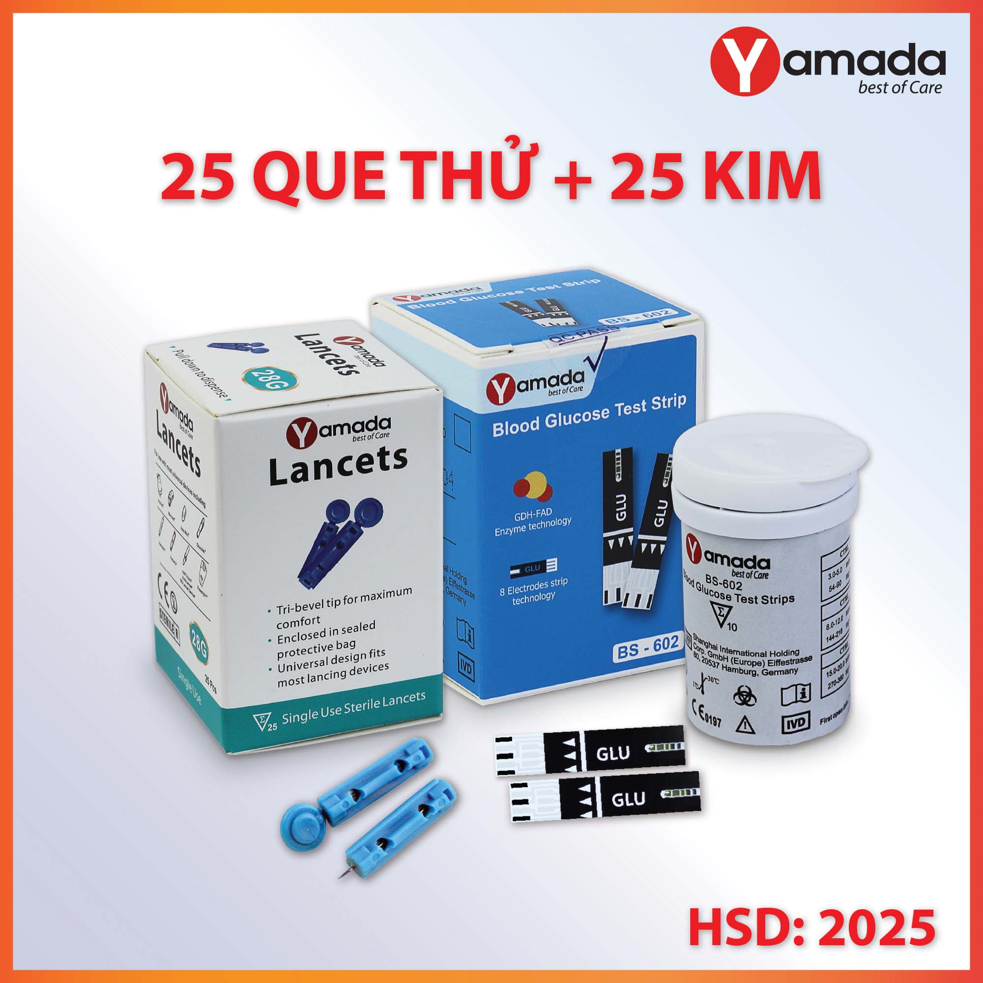 Hộp 25 que thử tiểu đường Yamada tặng kèm 25 kim cho Máy đo đường huyết Yamada, men GDH-FAD, 8 điện cực