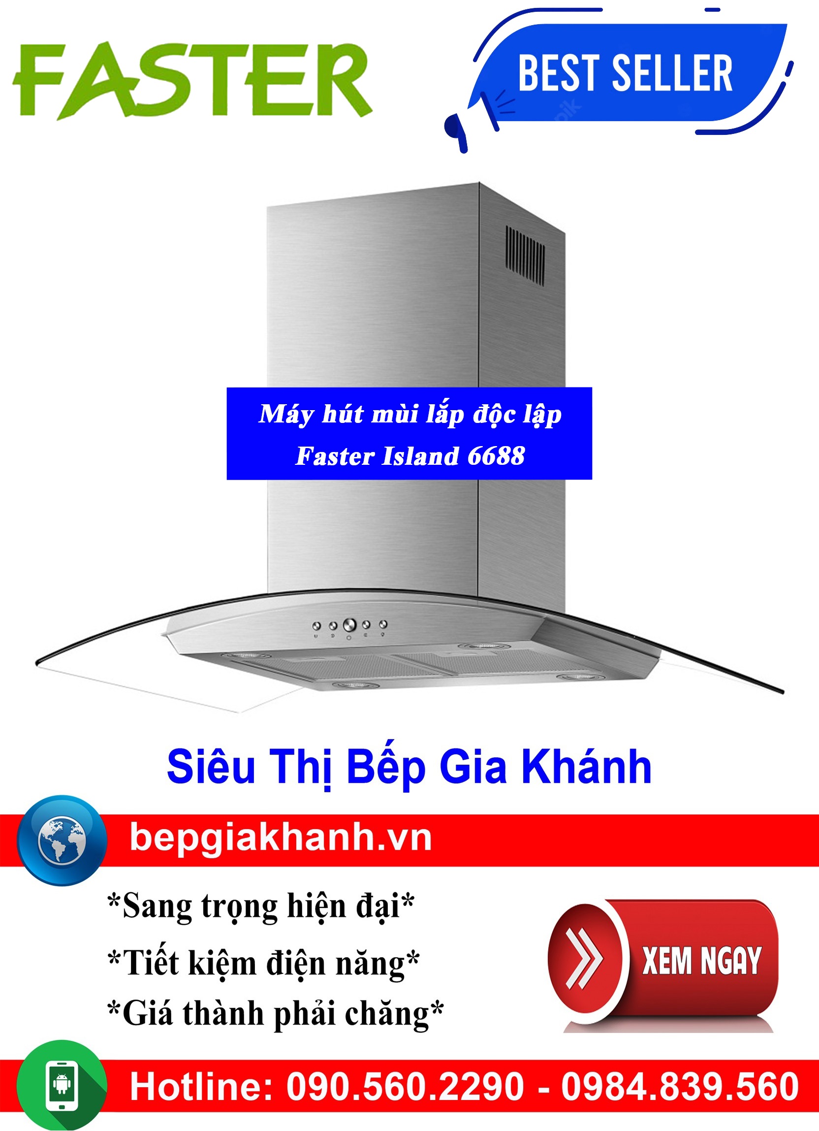 [HCM]Máy hút mùi dạng treo độc lập Faster Island 6688, máy hút mùi nhà bếp, máy hút mùi bếp, máy hút