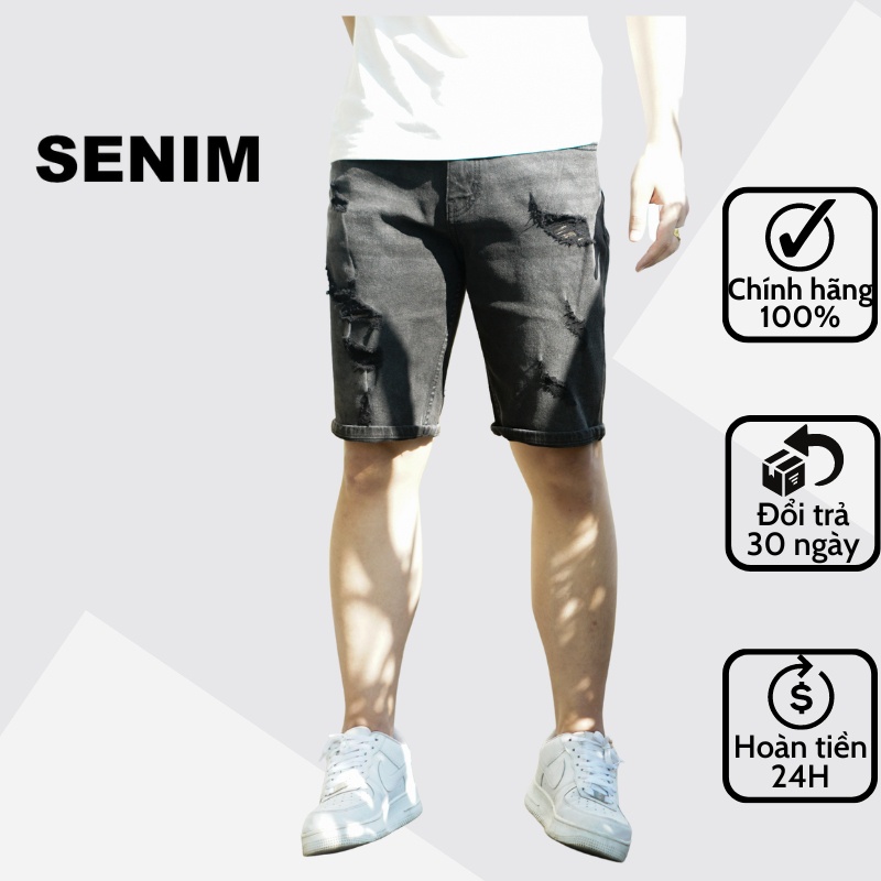 Quần short nam SENIM, quần đùi nam vải Denim dày dặn, Form Regular, Quần sọt nam đen D229