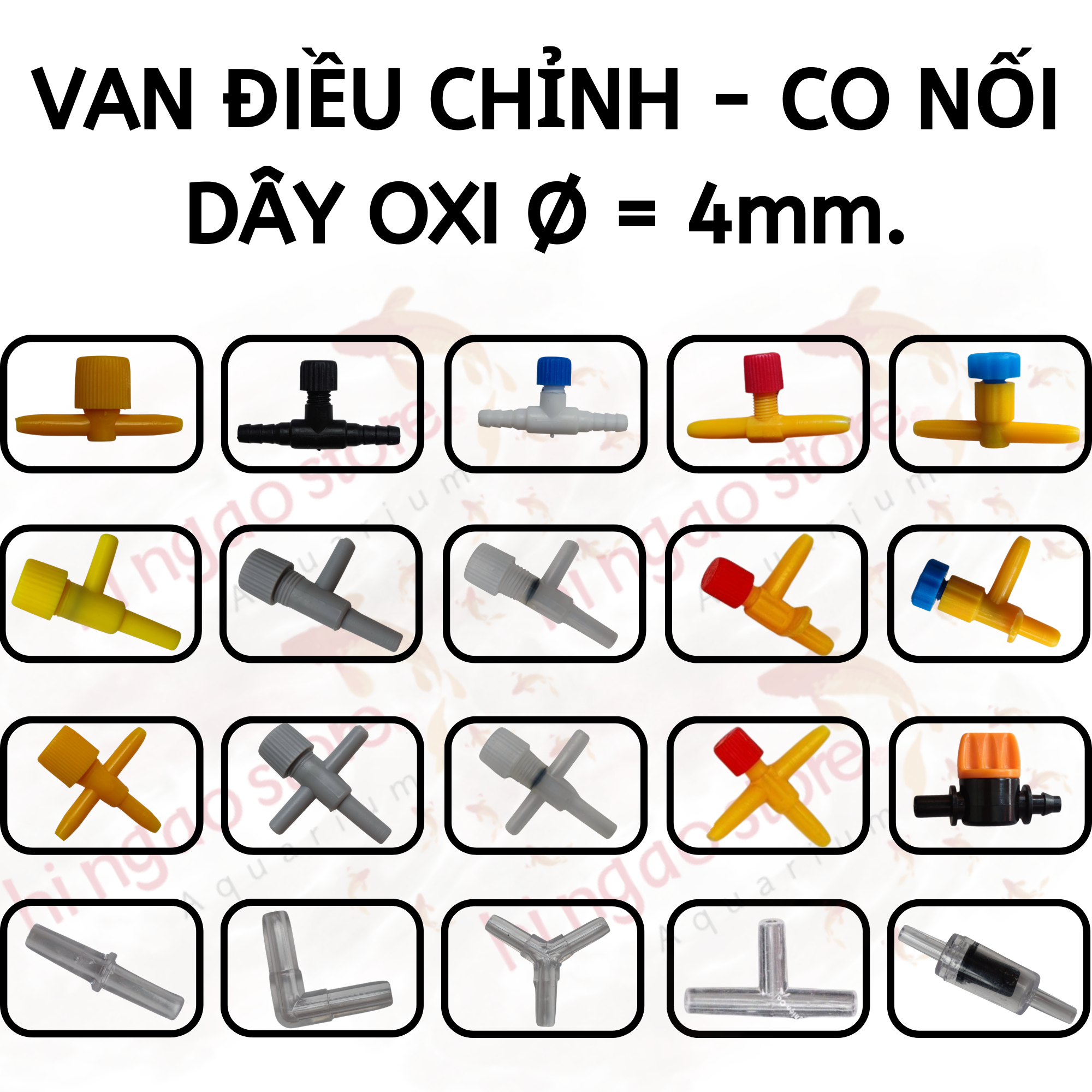 Van điều chỉnh, co nối dây oxi ø=4mm : van tăng giảm, van chữ t,l tăng giảm, co nối dây chữ i,l,y.t - phụ kiện cá cảnh | hingaostore.
