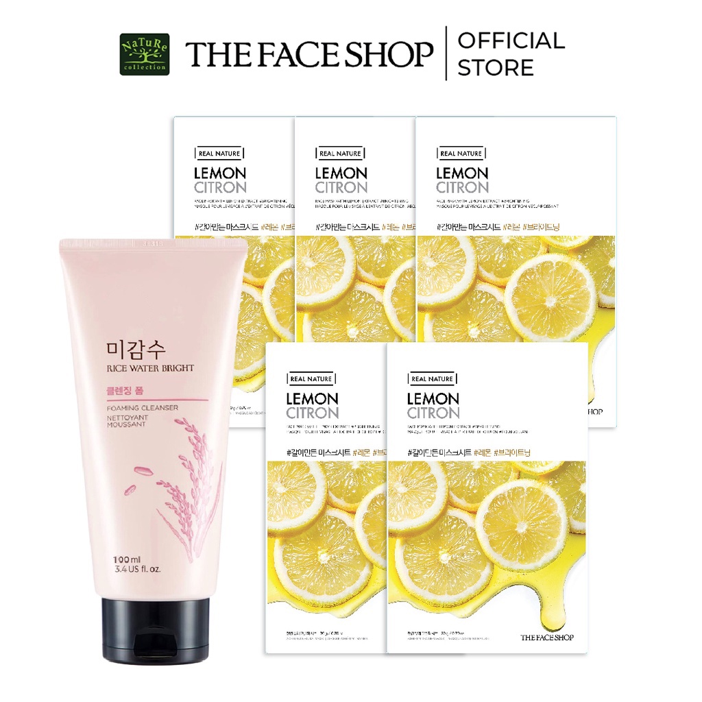 Combo mặt nạ sáng da thefaceshop lemon 20gx5+sữa rửa mặt làm sáng da thefaceshop rice 100ml