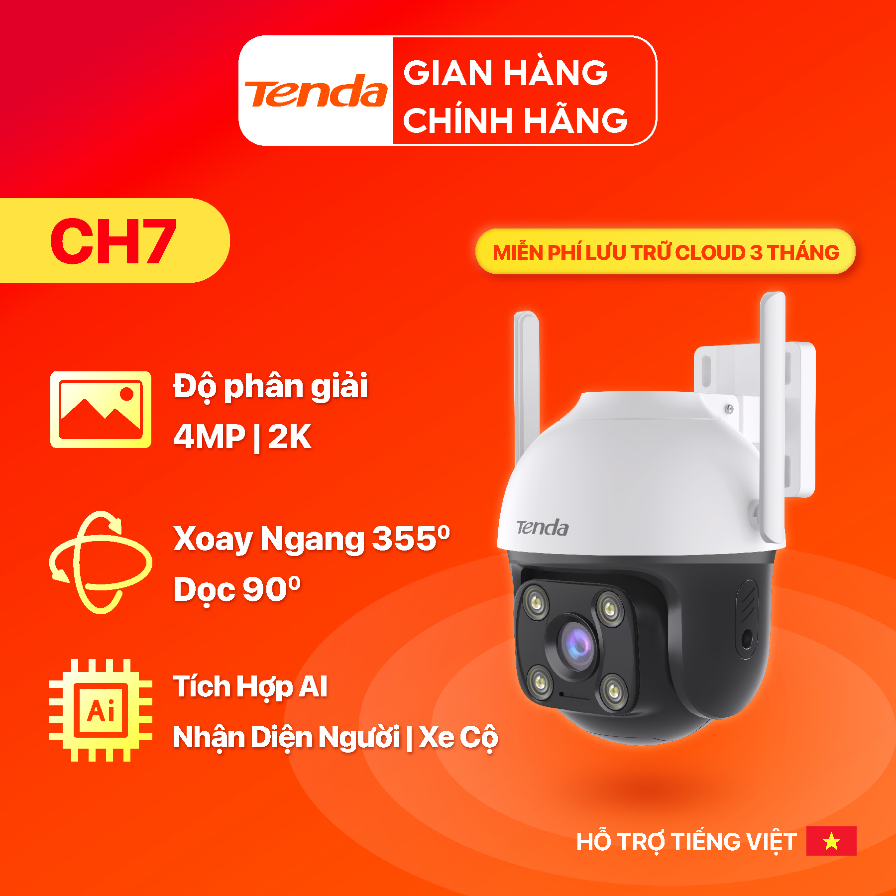 Camera WiFi Tenda Ngoài Trời CH3/CH7 Full HD 1080P/2MP/4MP/2K, Quay Quét 360 Độ, Tích Hợp Công Nghệ AI