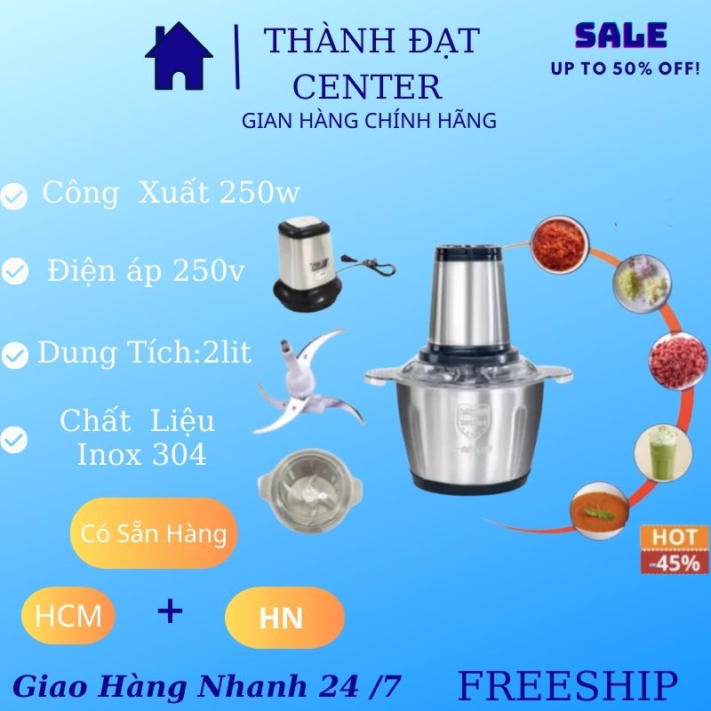 [HÀNG LOẠI 1] Máy Xay Thịt Đa năng Cối Inox 4 Lưỡi Đa Năng Công suất 250W- Xay thịt xay tỏi ới xay rau củ quả