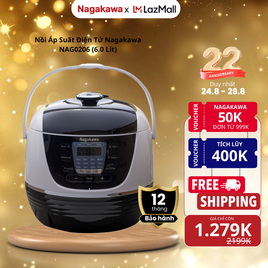 [Freeship] Nồi áp suất điện tử Nagakawa NAG0206, dung tích 6 lít, bảng điều khiển điện tử, tích hợp 14 chế độ nấu, chống dính an toàn cho sức khỏe, van xả thông minh, bảo hành 12 tháng