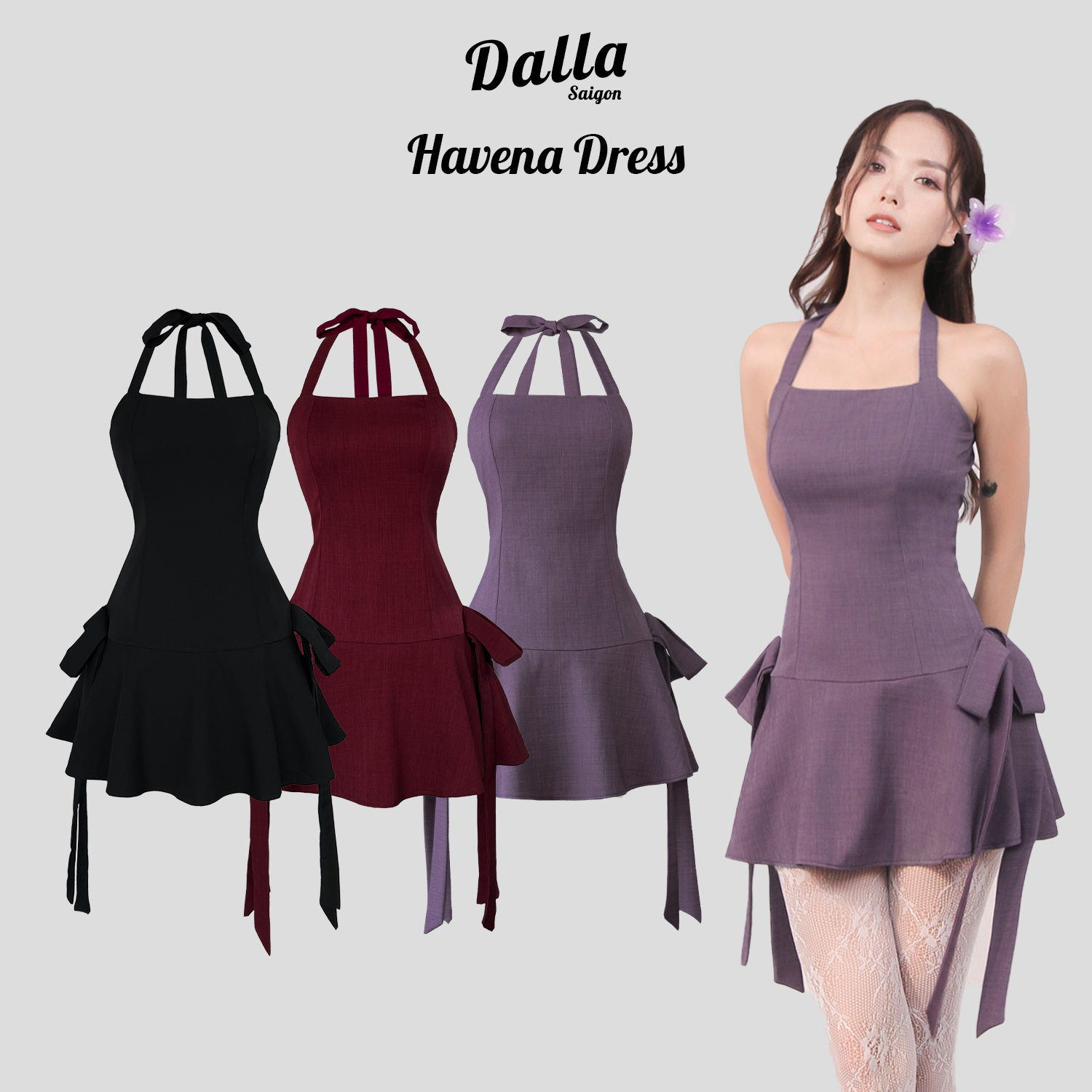 Dalla đầm cột dây cổ yếm gắn nơ 2 bên