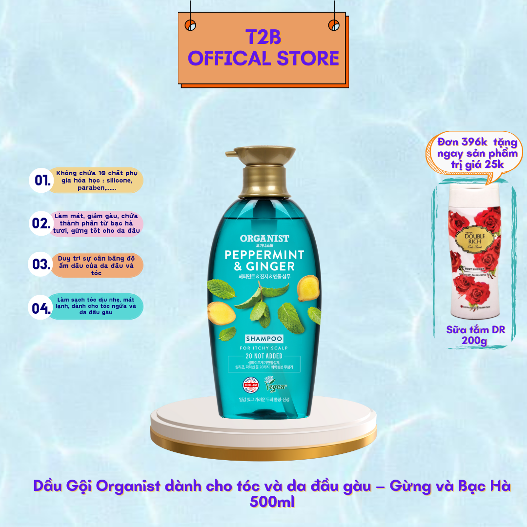 Dầu gội dưỡng tóc Organist dành cho tóc và da đầu gàu – Gừng và Bạc Hà 500ml