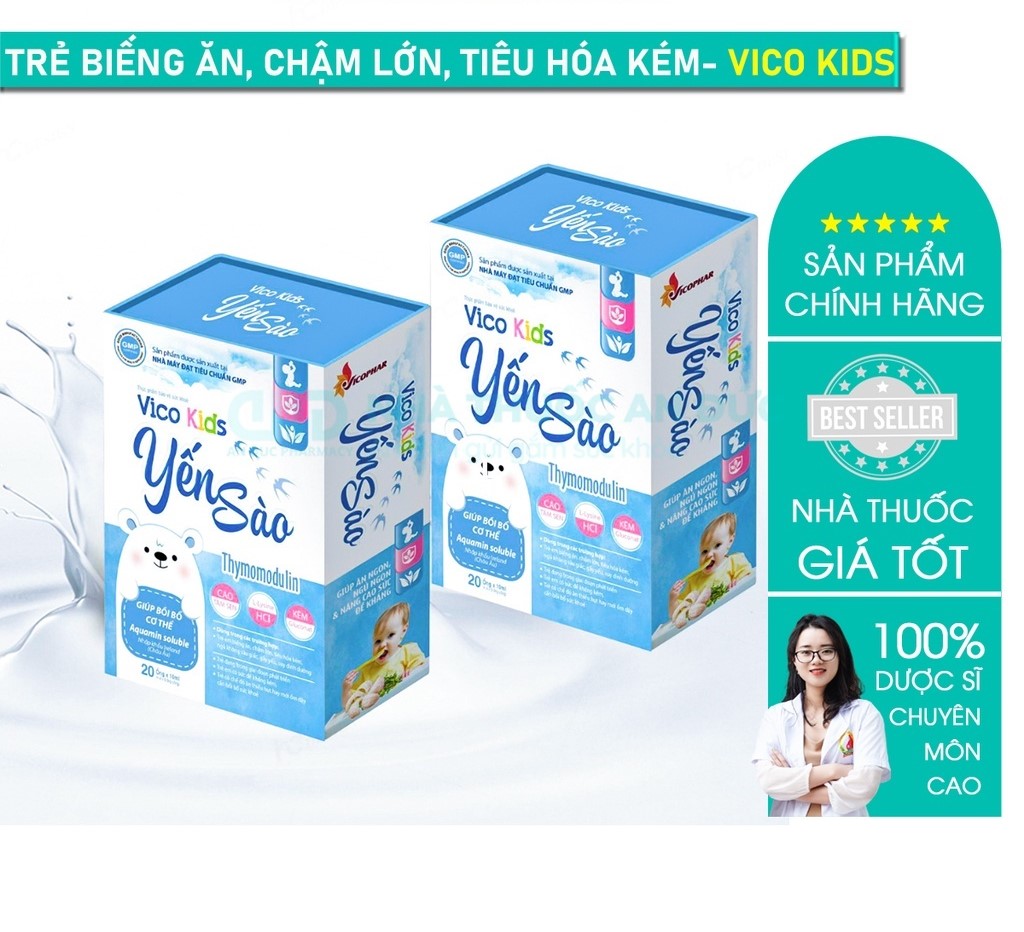 Yến sào vico kids thymomodulin cho trẻ biếng ăn chậm lớn, kích thích tiêu hoá cho bé, hộp 24 ống