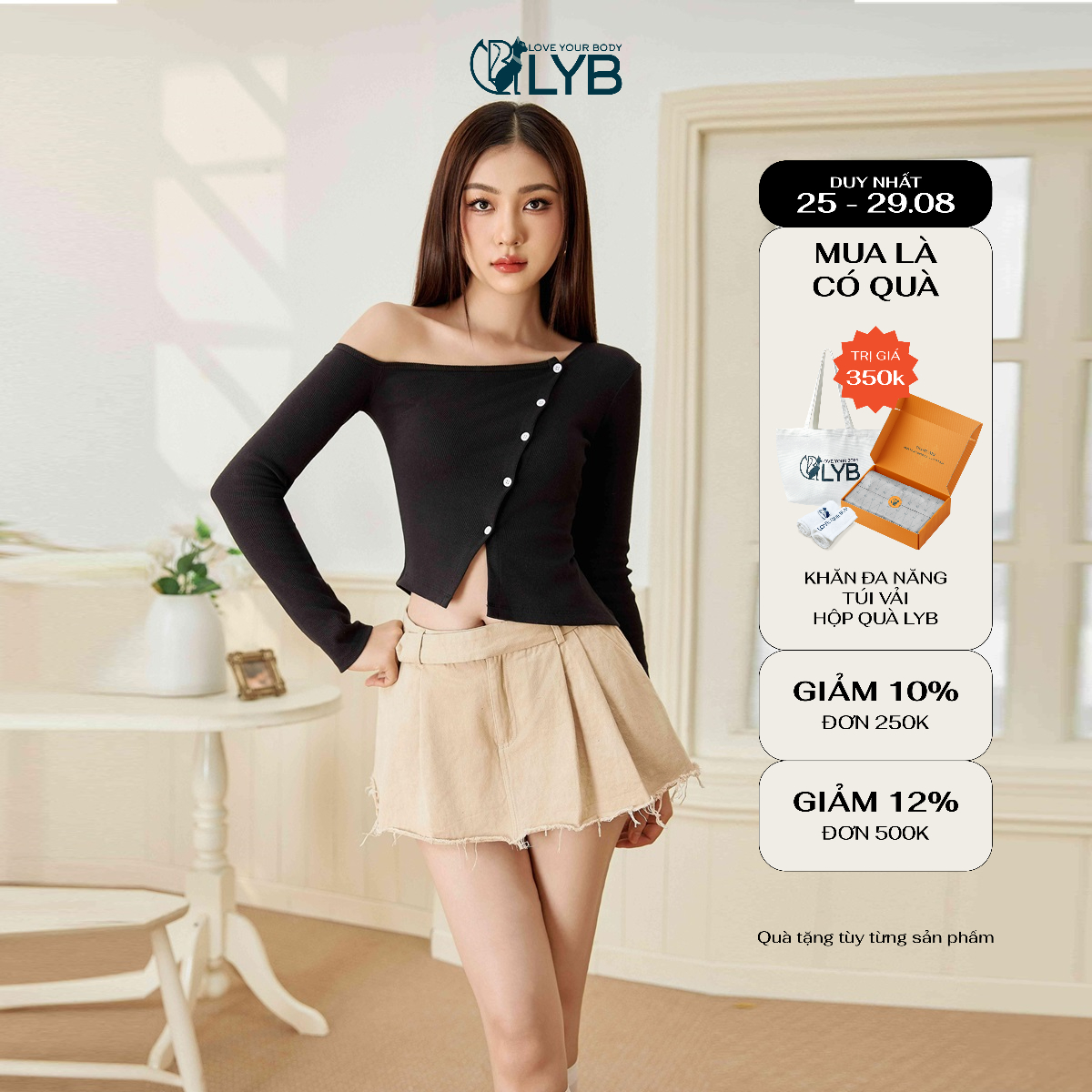 Áo thun body LYB kiểu lệch vai tay dài phong cách LYB