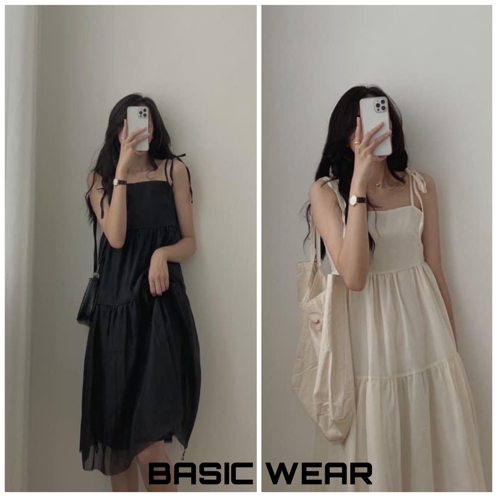 Đầm váy hai dây voan tơ buộc vai 2 lớp Ulzzang
