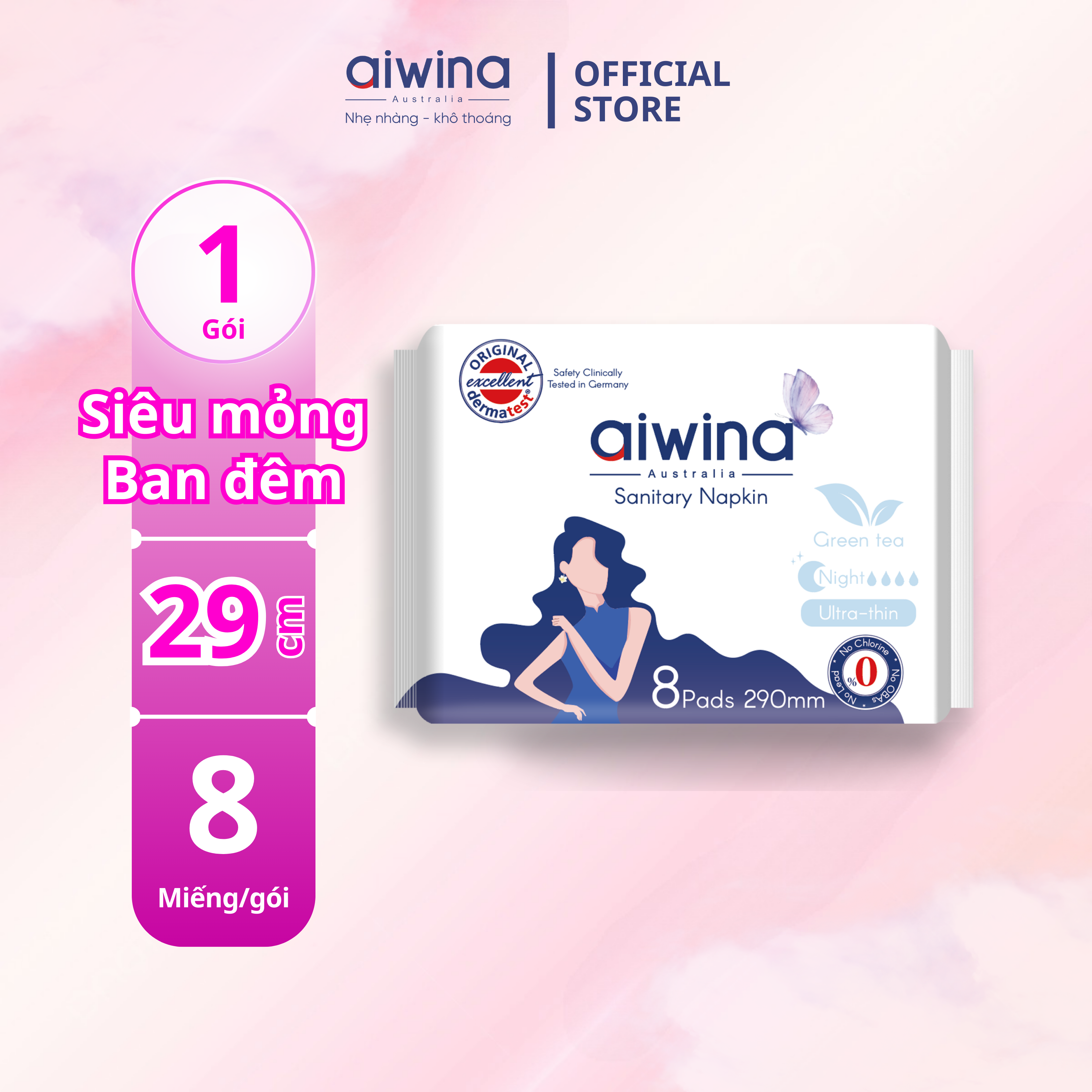 Aiwina 8-piece bundle ultra thin 29cm night wing sanitary napkins