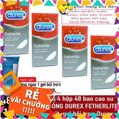 Bộ 4 Hộp Bao Cao Su Siêu Mỏng Durex Fetherlite12 Condoms - Tặng kèm Gel Durex Play 50 ml