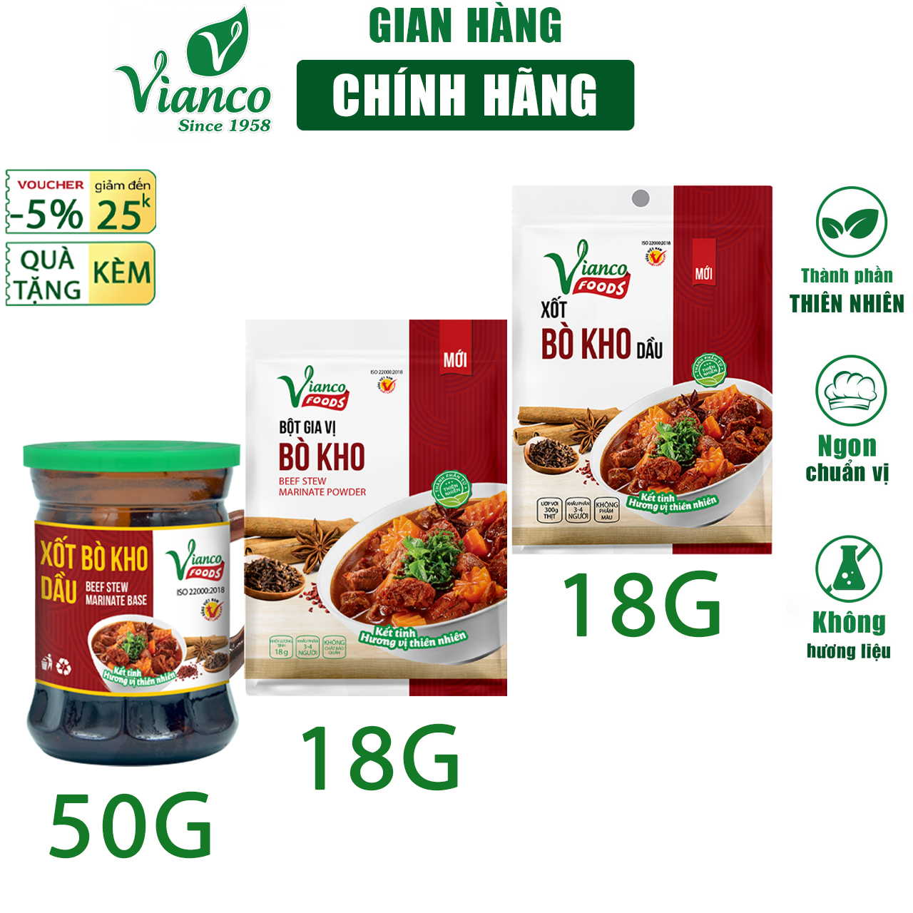 Gia vị nấu Bò Kho Vianco gói 18g, 50g nấu bò xốt vang bò lagu gia vị nêm sẵn chuẩn vị không cần nêm nếm - Gia vị Việt Ấn