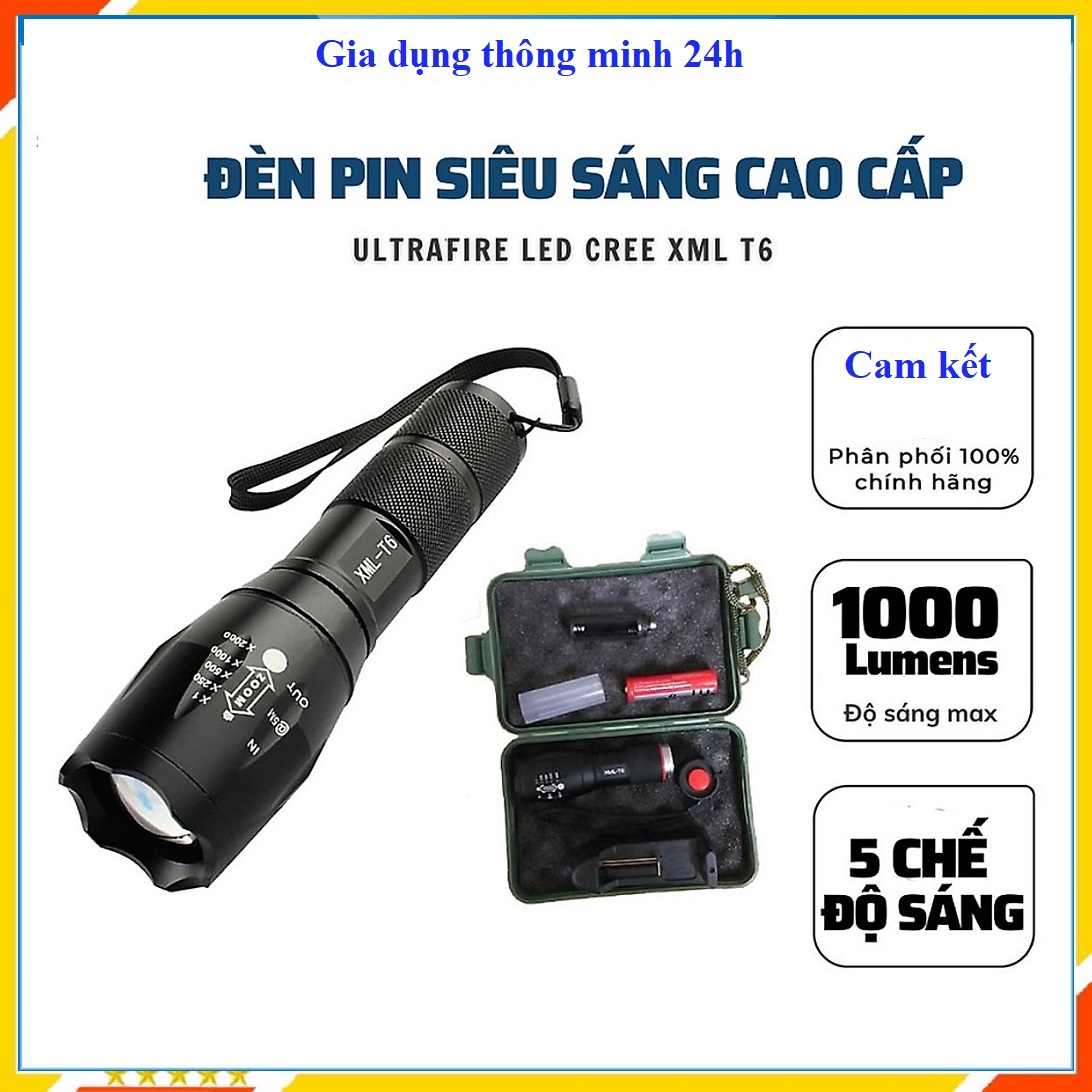 Đèn Pin Siêu Sáng Mini Bóng Led T6 Chiếu Xa Hàng Trăm Mét Nhiều Chế Độ Sáng - Đèn Pin Cầm Tay Nhỏ Gọn Tặng Hộp Sang Trọng