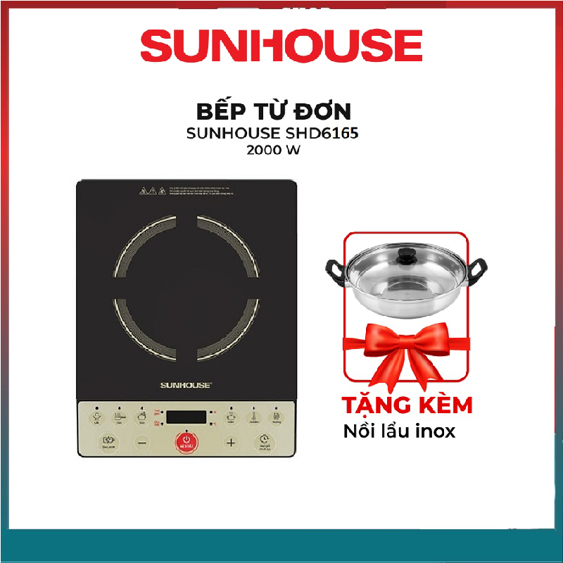 Bếp điện từ sunhouse shd6165 - bếp từ đơn sunhouse - bếp lẩu sunhouse - tặng kèm nồi lẩu inox - công suất 2000w - bảo hành 12 tháng