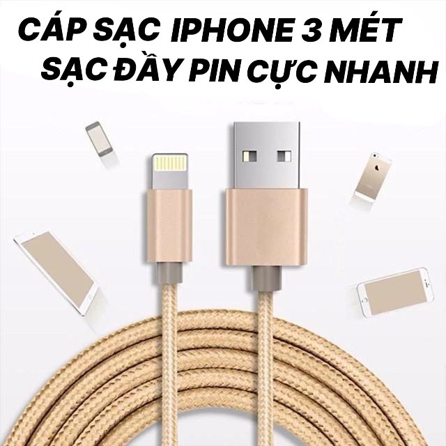 CÁP SẠC IPHONE 3 MÉT NẠP PIN VÀ TRUYỀN DỮ LIỆU TỐC ĐỘ CAO DÂY DÙ XOẮN XỊN CHỐNG ĐỨT GÃY CÁP CỰC TỐT - TỰ ĐỘNG NGẮT ĐIỆN KHI ĐẦY PIN - SẠC CỰC NHANH CHO TẤT CẢ CÁC DÒNG IPHONE VÀ MÁY TÍNH BẢNG