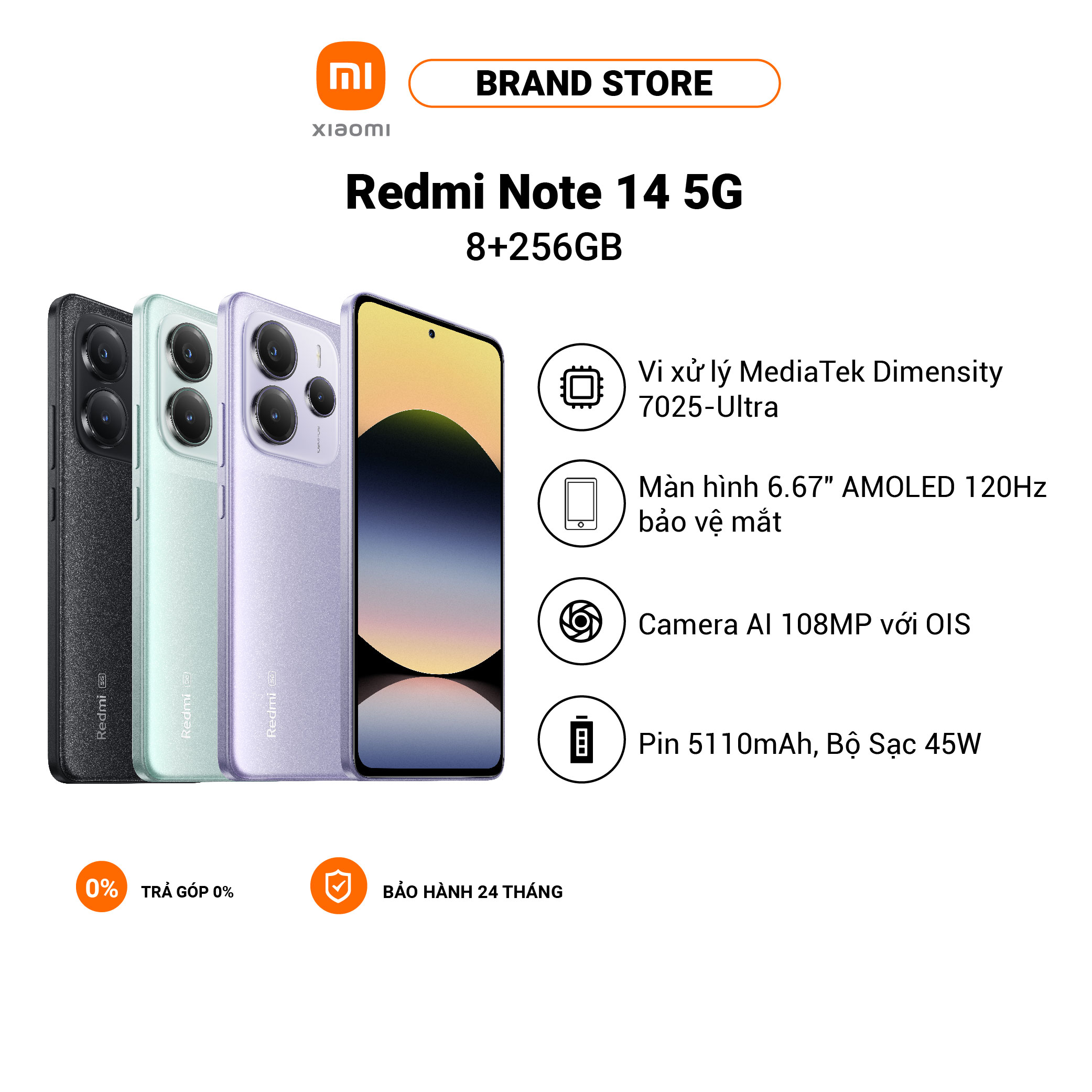 Điện thoại thông minh Redmi Note 14 5G (8+256GB) | 6.67" AMOLED | Camera 108MP+8MP+2MP | MD7025-Ultr
