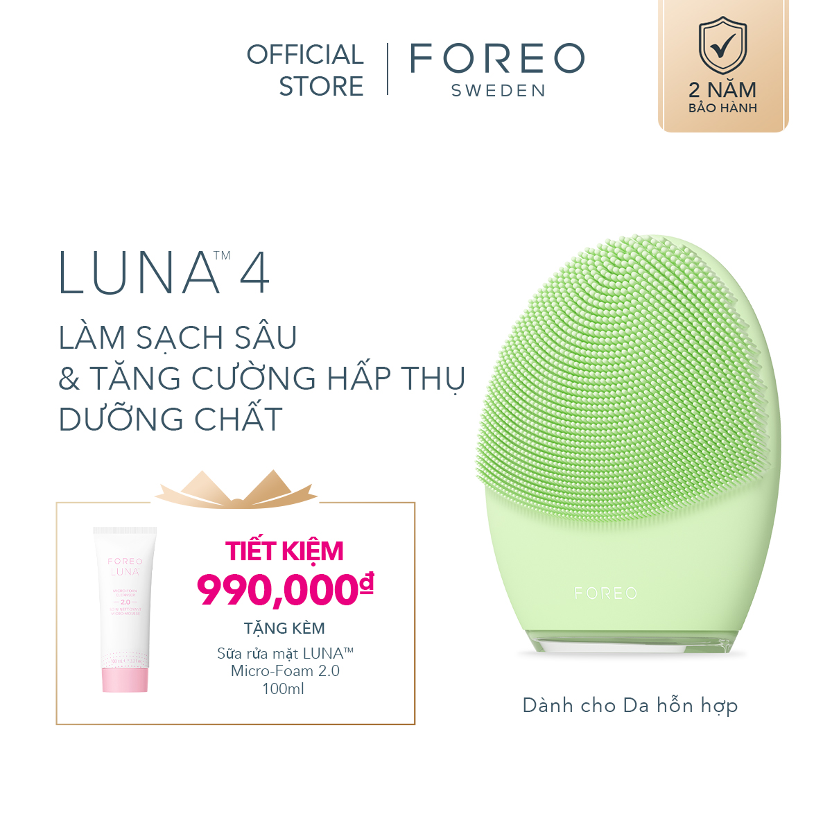 Máy rửa mặt FOREO LUNA 4 cao cấp mát-xa trẻ hoá da bằng sóng âm T-sonic phiên bản cho da hỗn hợp đầu gai slilicon kháng khuẩn thế hệ mới