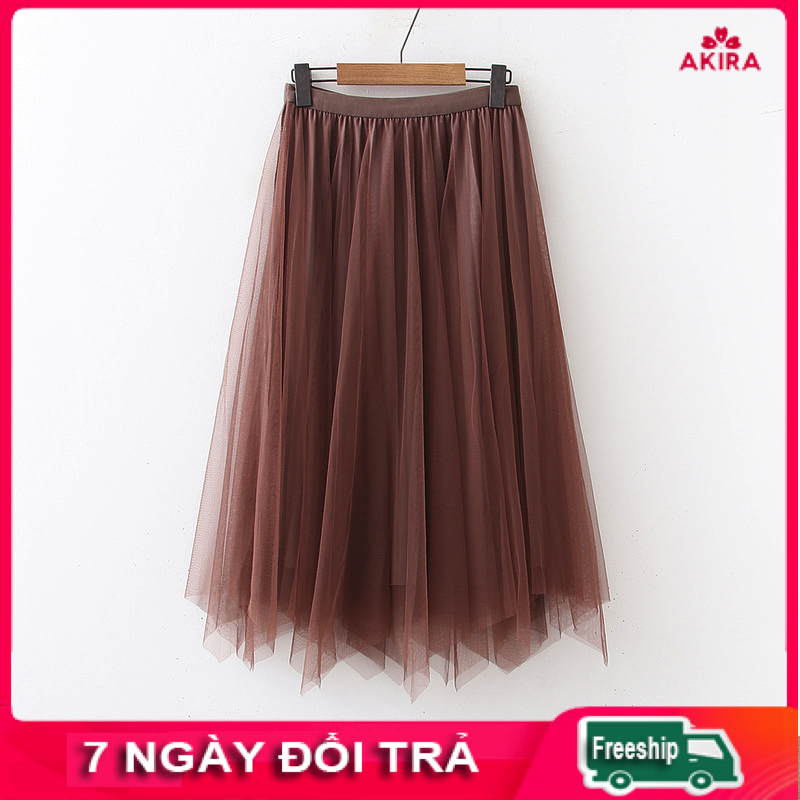 Chân váy dài qua gối xếp ly xòe vải nhung 2 mặt lưới tutu váy midi phong cách vintage Akira Store