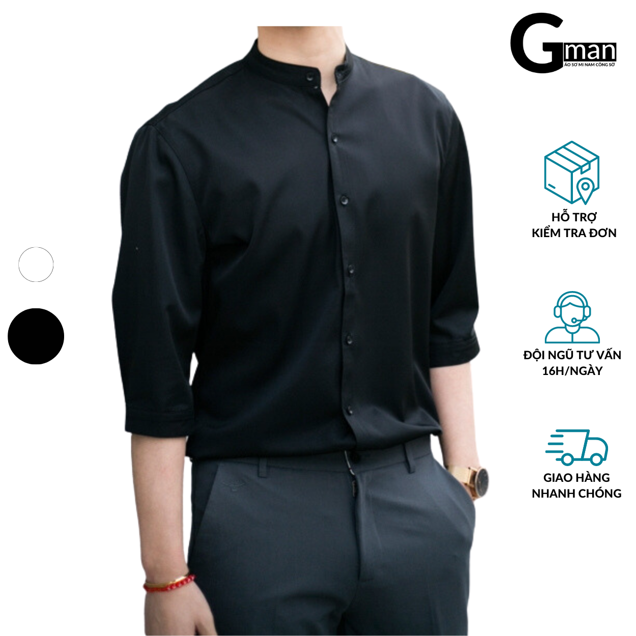 Áo sơ mi nam cổ tàu GMAN, sơ mi nam dài tay chất liệu lụa mát, không nhăn, không xù co giãn tốt (SMT)