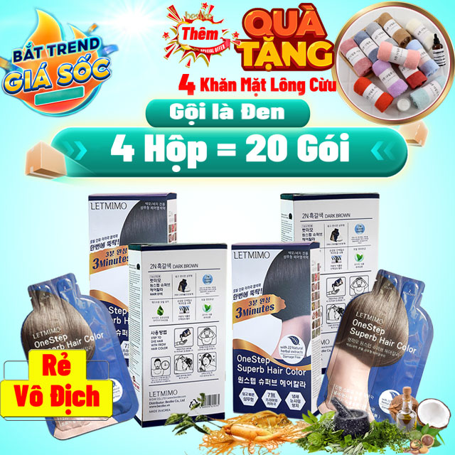GIẢM SỐC Combo 4 Hộp = 20 gói màu phủ bạc thảo dược nâu đen 2N + Tặng thêm 4 khăn mặt lông cừu cao cấp 50x30cm