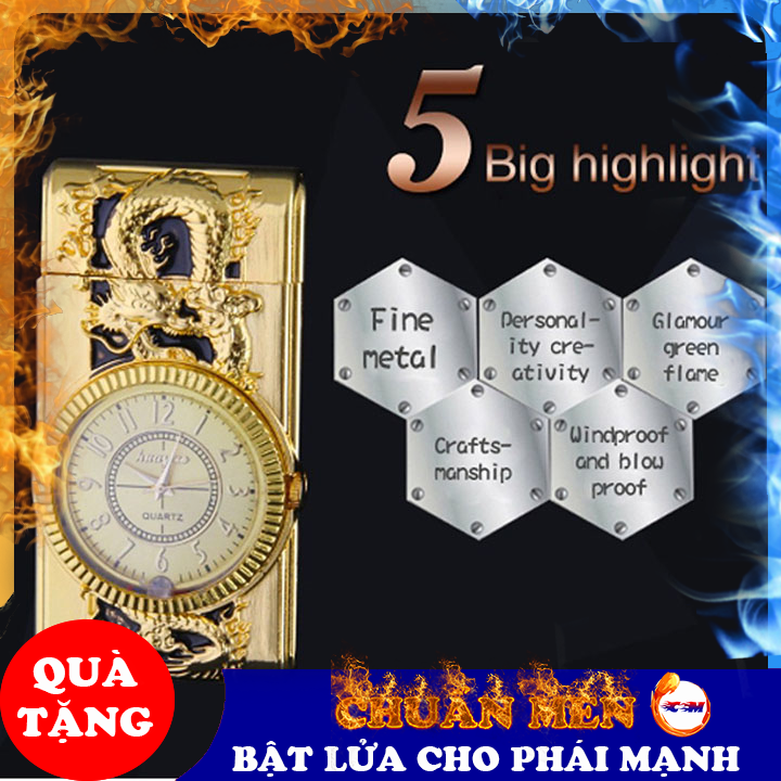 Bật lửa khò Chuẩn Men sử dụng gas kiêm đồng hồ có đèn led độc lạ chất liệu kim loại cao cấp - GD0734