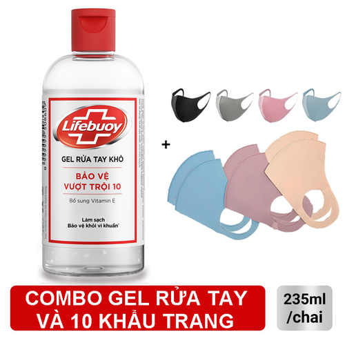 Gel rửa tay khô sạch siêu nhanh Lifebuoy Bảo Vệ Vượt Trội 10 235ml và 10 Khẩu trang. vải 3D bảo vệ hô hấp