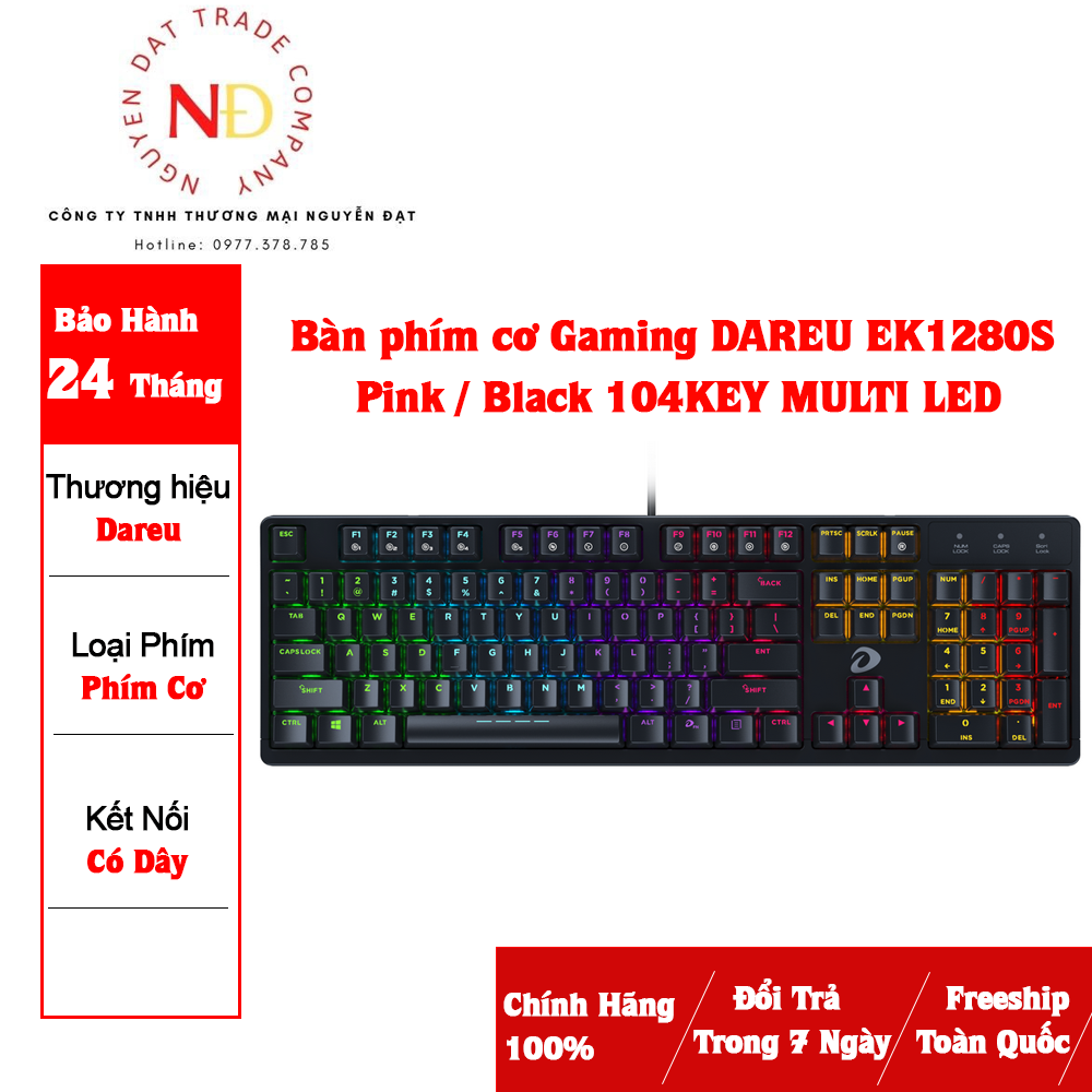 [FREESHIP] Bàn phím cơ Gaming DAREU EK1280S Pink / Black 104KEY MULTI LED chính hãng,Bảo hành 24 tháng