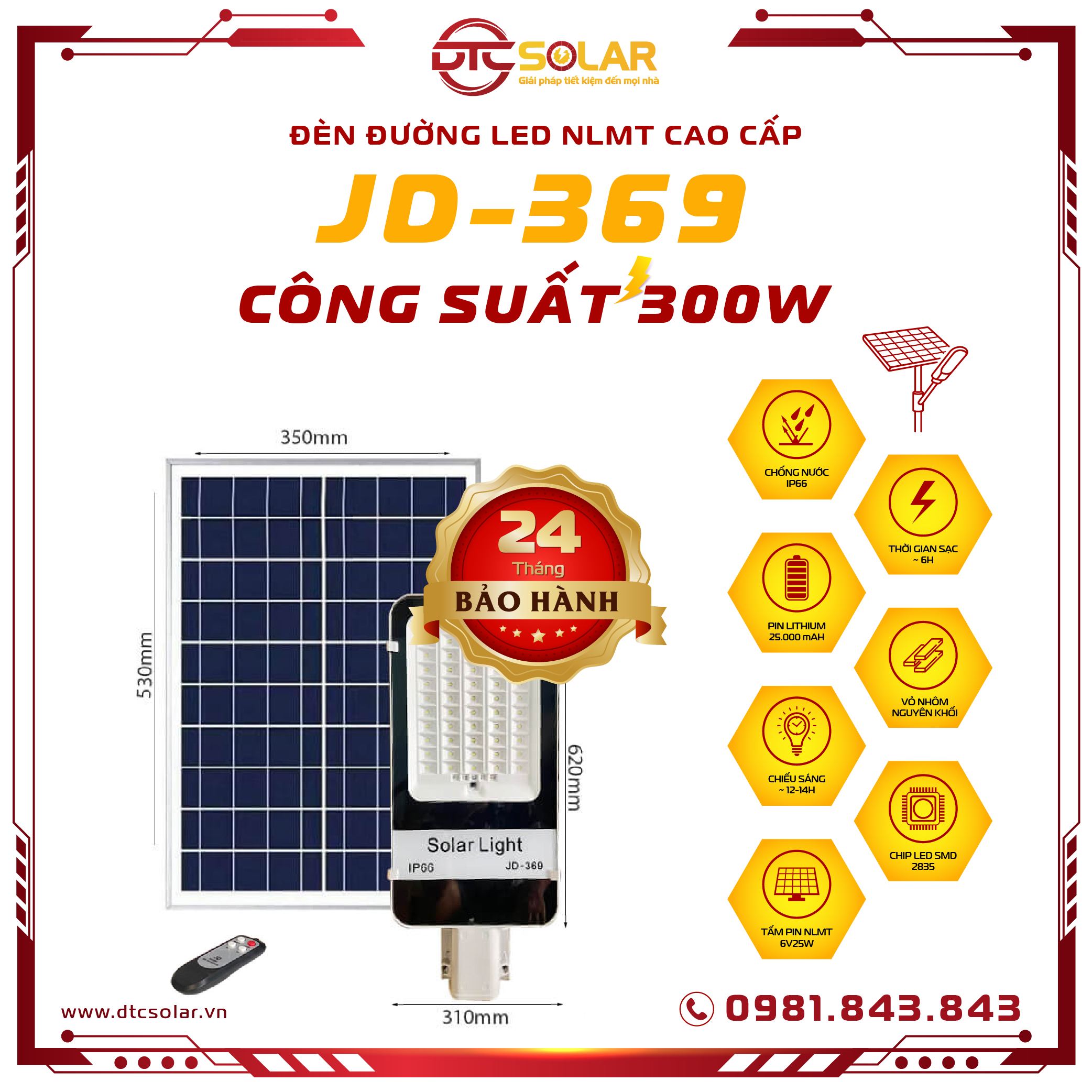 Đèn đường năng lượng mặt trời 300W Jindian JD369 chính hãng Bảo hành 24