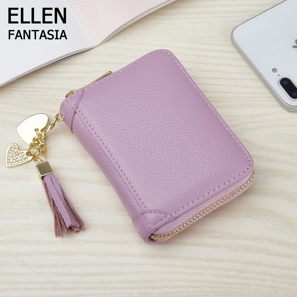 ELLEN Fantasia Túi đựng thẻ bằng da thật của phụ nữ Hàn Quốc nhiều thẻ vị trí bằng da nhỏ tươi chủ thẻ có dây kéo ngăn đựng thẻ tín dụng bao đựng thẻ mỏng