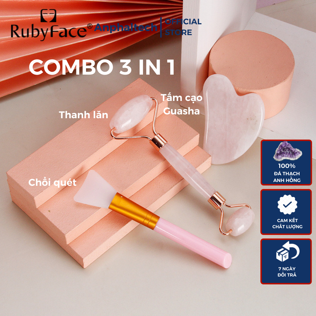 Thanh lăn massage mặt rubi face, đá guasha massage mặt, cây lăn mặt nâng cơ bằng đá thạch anh hồng tự nhiên 100%