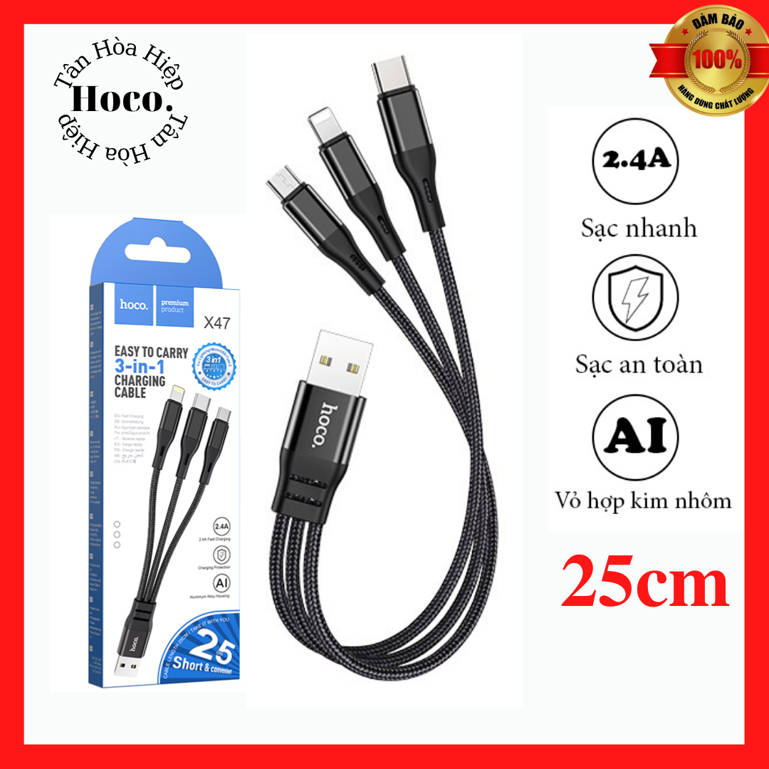 Cáp sạc nhanh hoco x47 3 đầu type-c, micro-usb, lightning