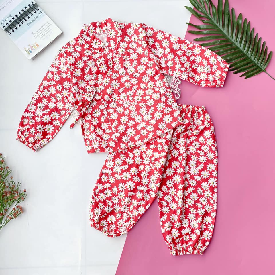 Đồ Bộ Yukata Dài Vải Thô Cotton Hàn Cho Bé Gái 7-16kg (Hình thật)