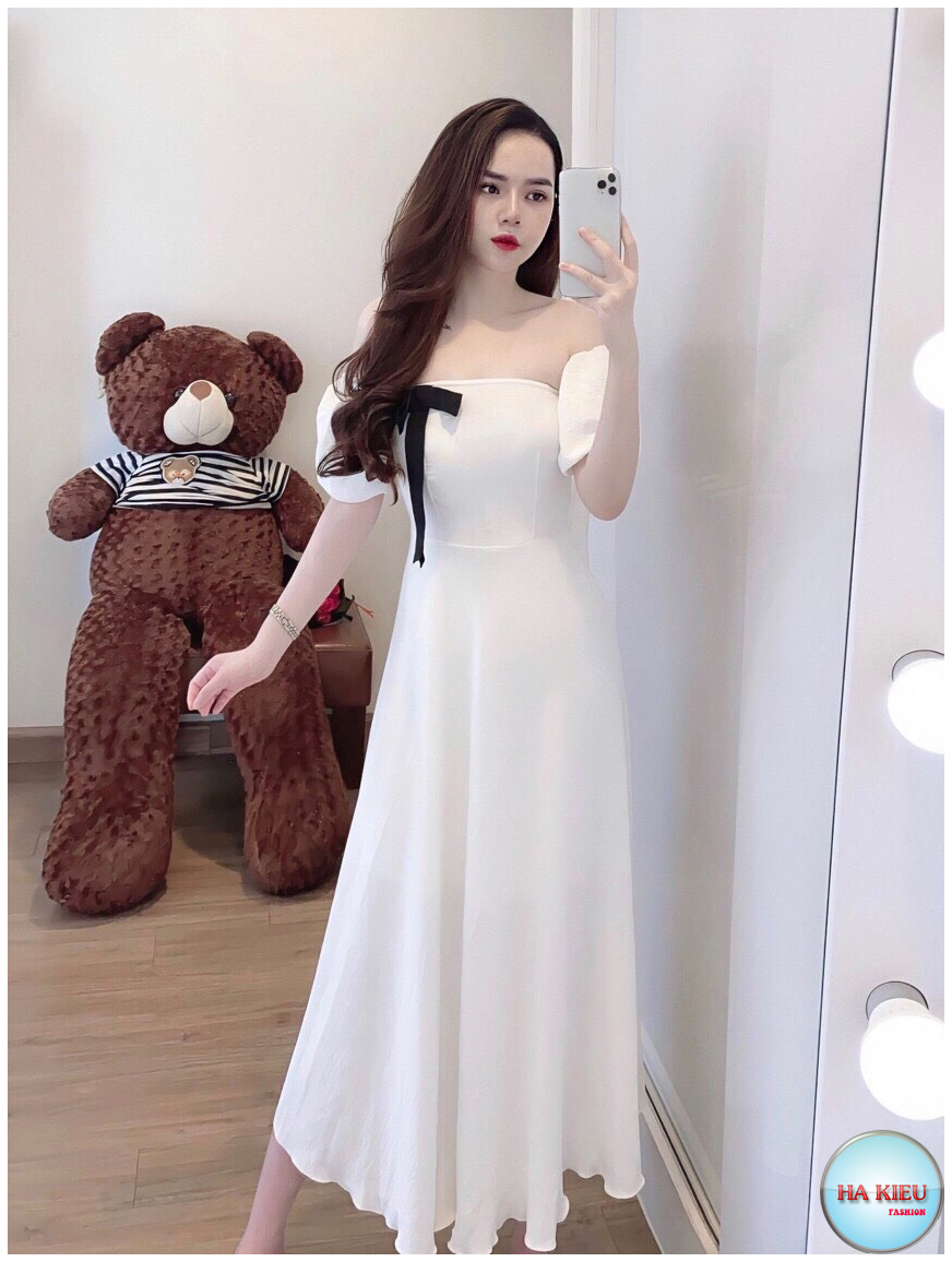 [HCM]Đầm váy nữ dự tiệc maxi dáng xòe bẹt vai xinh xắn Hà Kiều MSP0102 chất Đũi mátkhông nhăn