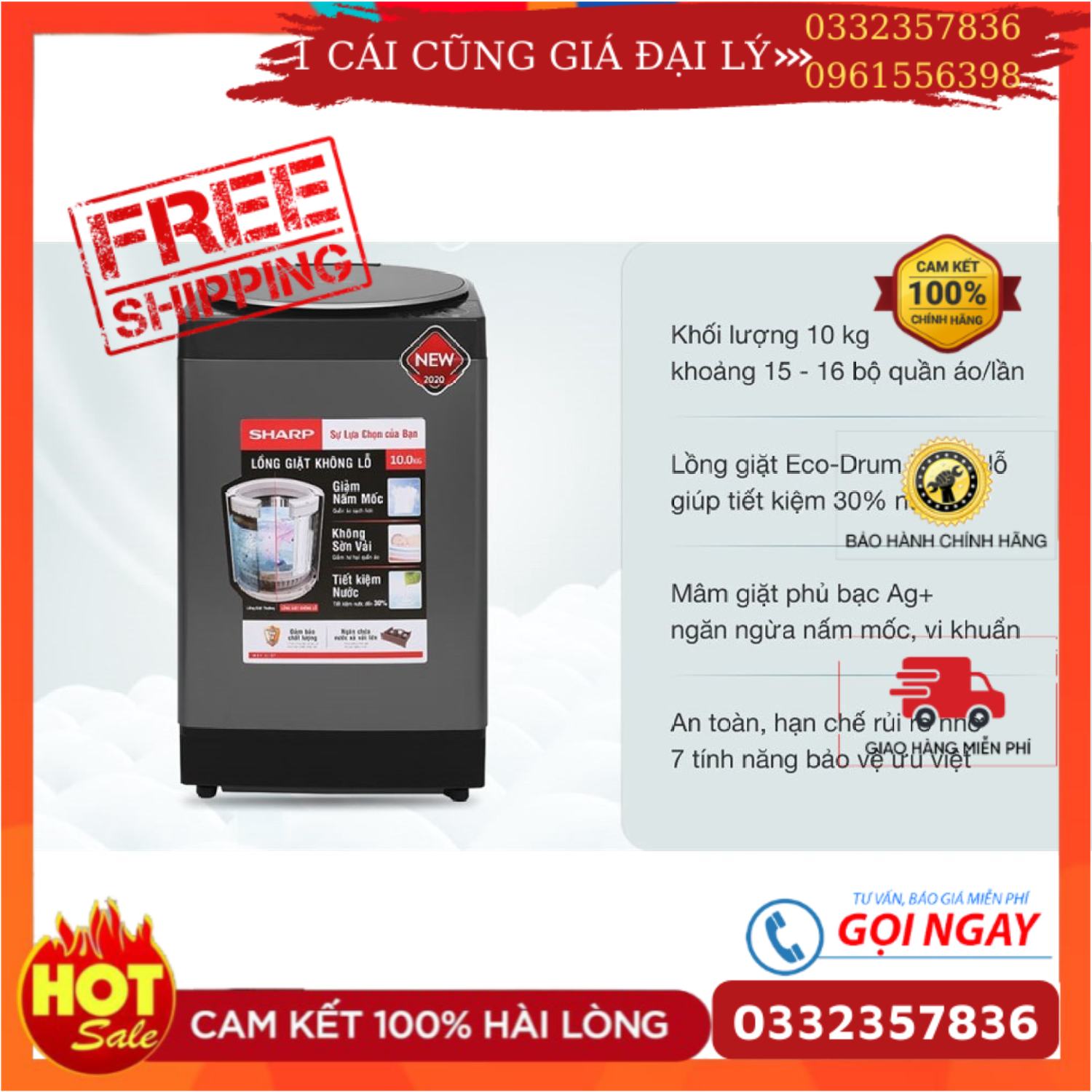 Máy giặt sharp 10kg es-w100pv-h lồng đứng chính hãng - mới 100%