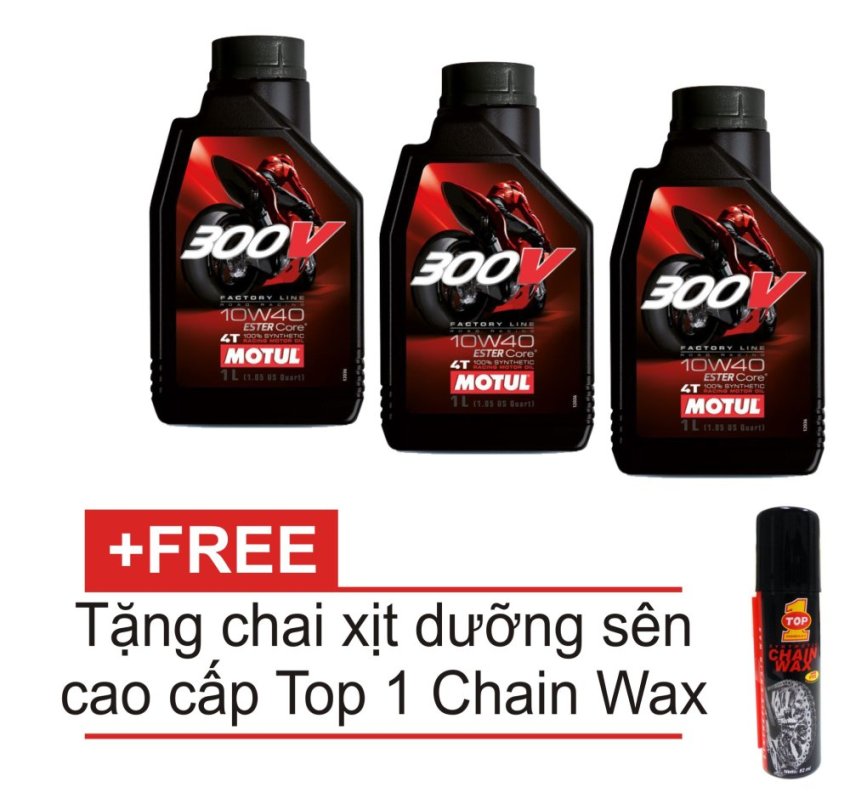 Bộ 3 bình nhớt motul 300v factory line 10w40 cho mô tô xe máy 1l + tặng kèm chai xịt dưỡng sên top 1 chain wax