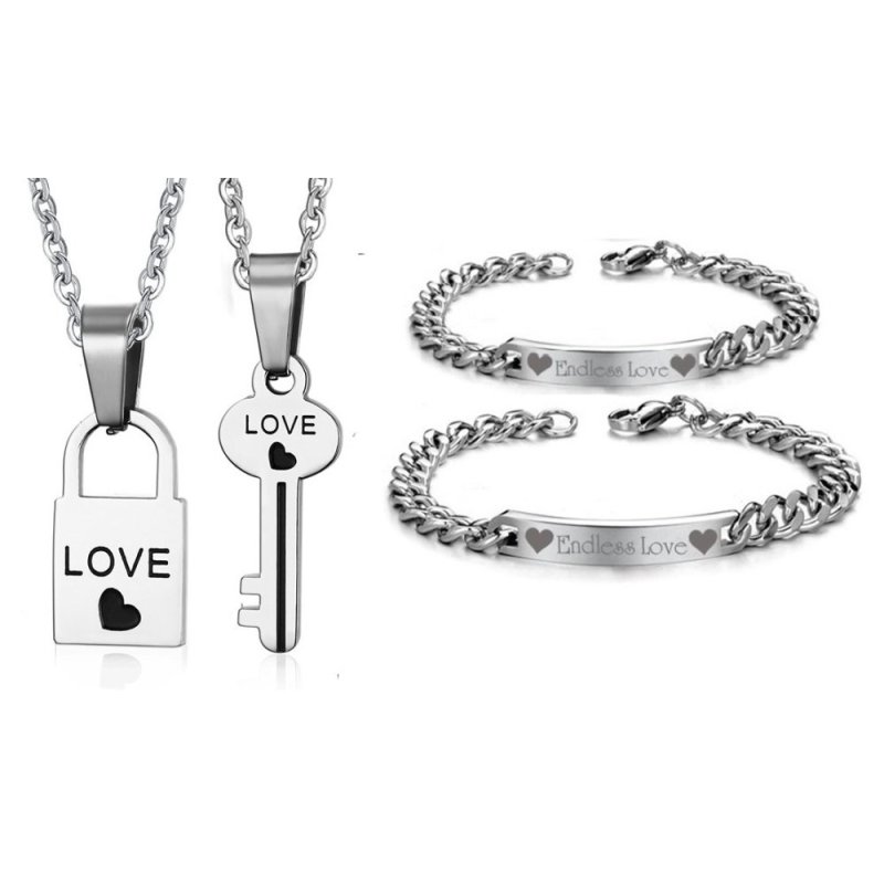 Bộ lắc tay cặp Endless love và dây chuyền đôi chìa khoá tình yêu