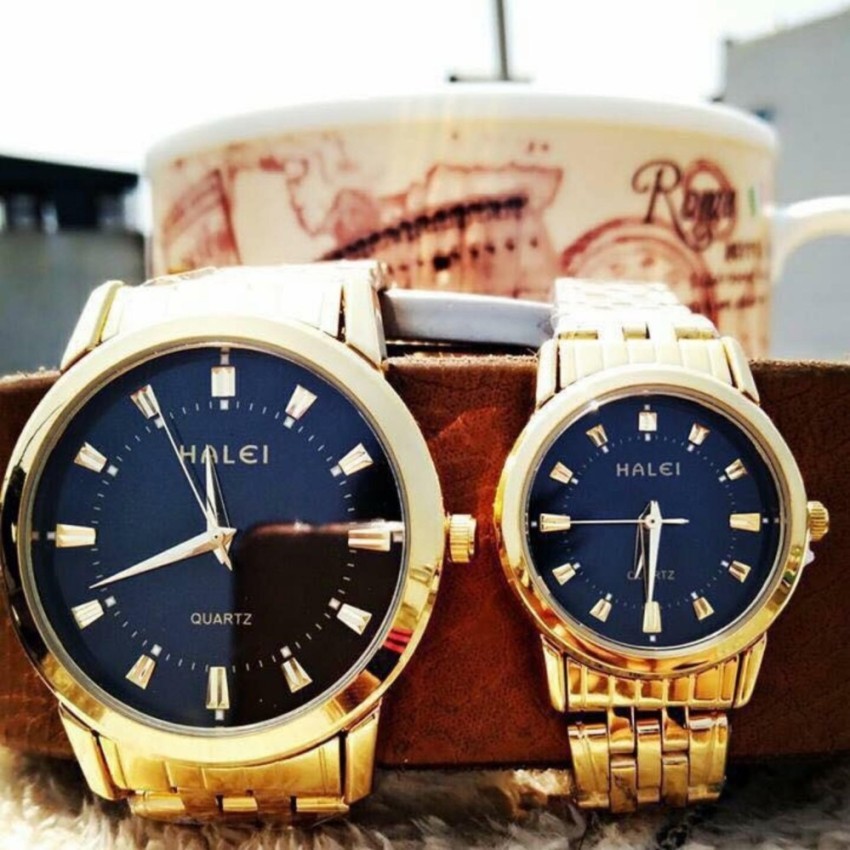 Cặp Đồng hồ Halei nam nữ cao cấp chống xước, chống nước tuyệt đối (Giá 1 đôi)-dây vàng mặt đen