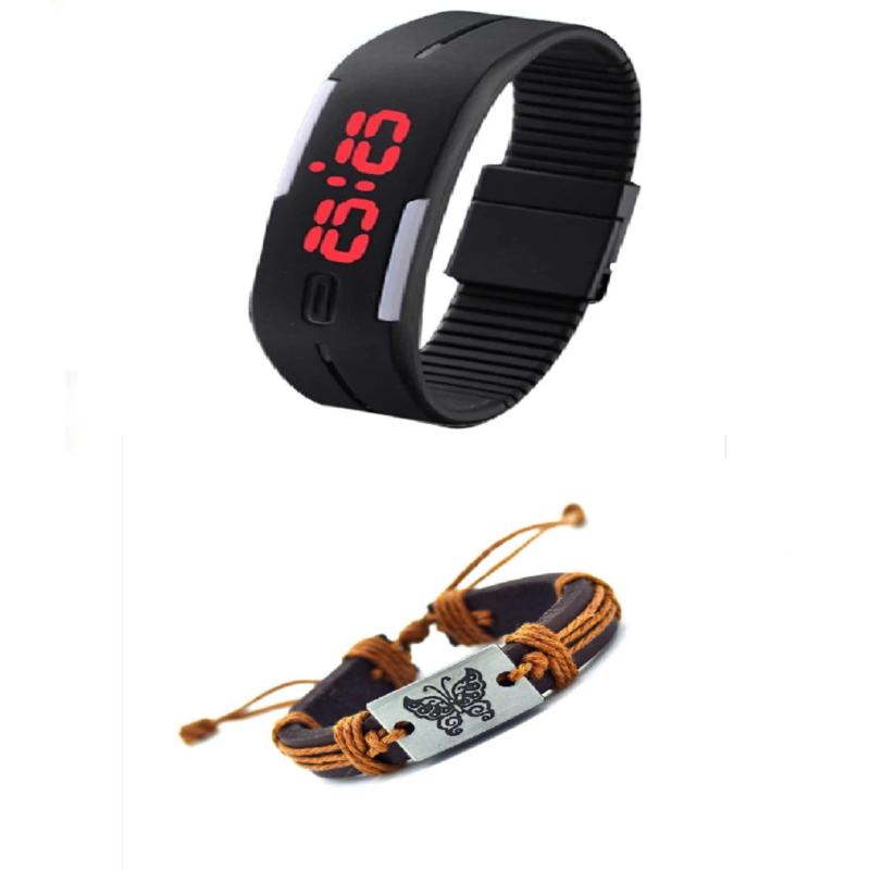 combo Đồng hồ dây nhựa dẻo Sport LED và vòng tay da phong cách du mục Bohemian hình bướm bán chạy