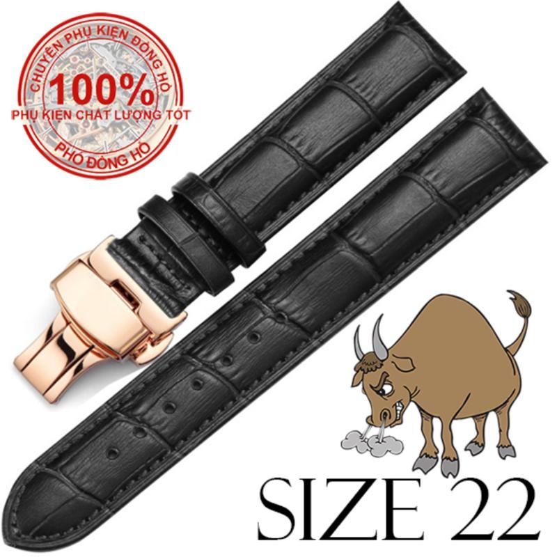 Dây đồng hồ da bò cao cấp SIZE 22mm (đen) kèm khóa bướm thép không gỉ 316L bán chạy