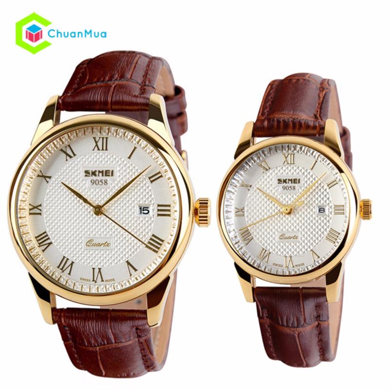Nơi bán Đồng hồ Cặp Skmei 9058 viền vàng dây da - Mã: DHA278