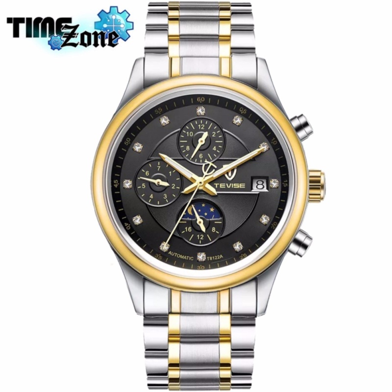 Nơi bán Đồng hồ chạy cơ Automatic nam dây thép TimeZone thương hiệu TEVISE T8122A Golden Watch (Dây Demi, Mặt Đen)
