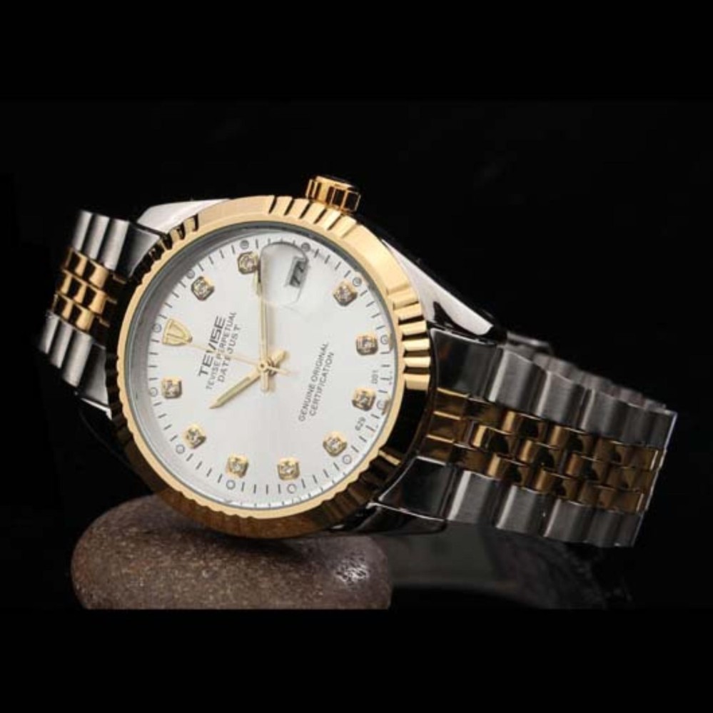 Đồng hồ cơ nam Tevise 629 Automatic dây thép không gỉ (Mặt trắng dây sọc vàng)