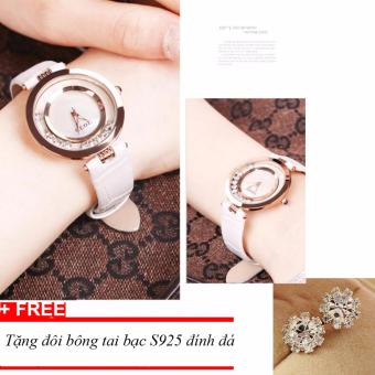 Đồng hồ dây da thời trang Guou TPO-Gu0617 (trắng) - tặng bông tai bạc đính đá  