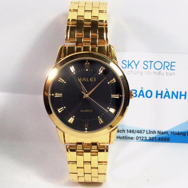 Nơi bán Đồng hồ dây thép không gỉ HALEI HA1395A ( Mặt đen dây vàng )