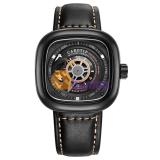 Đồng hồ Nam Carotif F-1003, Style SevenFriday, Đồng hồ cơ sang trọng, Đồng hồ lộ máy - Mặt đen, viền đen, dây đen