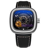 Đồng hồ Nam Carotif F-1003, Style SevenFriday, Đồng hồ cơ sang trọng, Đồng hồ lộ máy - Mặt đen, viền trắng, dây đen