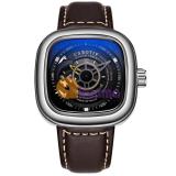 Đồng hồ Nam Carotif F-1003, Style SevenFriday, Đồng hồ cơ sang trọng, Đồng hồ lộ máy - Mặt đen, viền trắng, dây nâu
