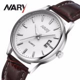 [HCM]Đồng hồ nam dây da cao cấp Nary Golden (Dây Nâu Mặt Trắng) + Tặng Kèm Hộp