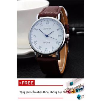 Đồng hồ nam dây da Geneva PKHRGE046-1 (nâu mặt trắng) + Tặng 1 jack chống bụi cho điện thoại  