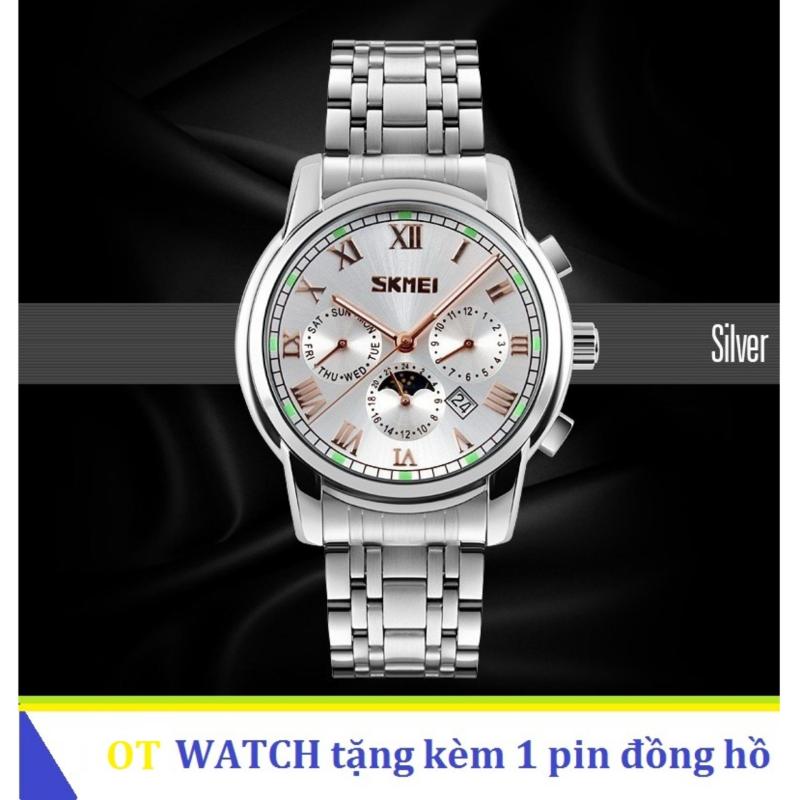 Nơi bán Đồng hồ nam dây thép không gỉ Skmei 9121 6 kim quay (Trắng)